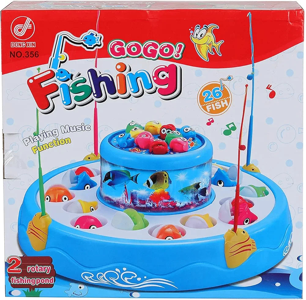 GoGo Fishing 2 layer fishing pond.16 big fishes, 10 small fishes and 4 rods.lights and music entertain kids and help in their sensory development
Cute fish catching game for all age group players .