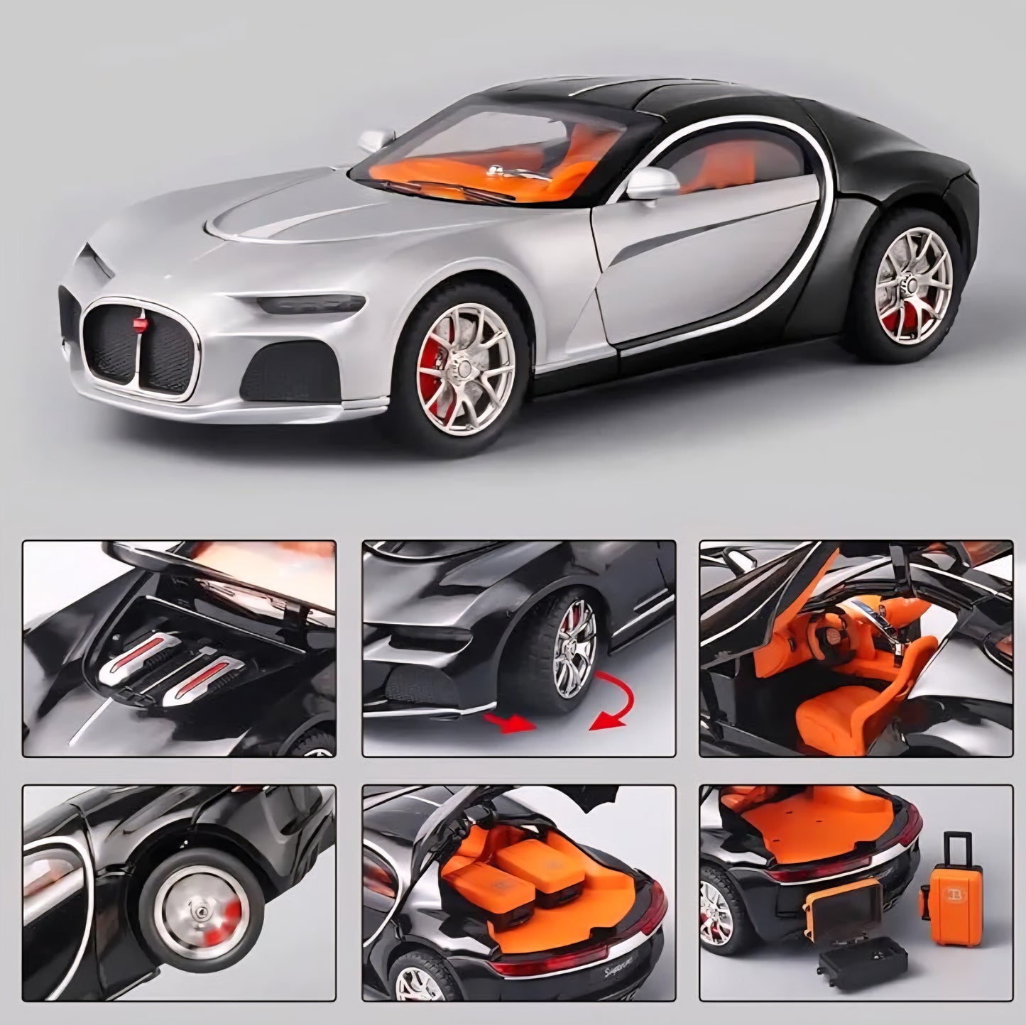 Bugatti Atlantic Diecast Model Car Alloy Metal Pull Back Die-Cast Car Pullback Toy with Openable Doors Light and Music Gift Toys for Kids - Silver/Black
