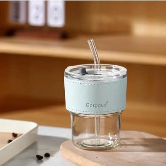 Glass Tumbler with Straw, Double Wall Design, Mint Sleeve, Clear Lid