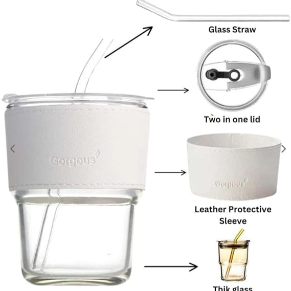 Glass Tumbler with Straw, Double Wall Design, Mint Sleeve, Clear Lid
