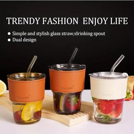 Glass Tumbler with Straw, Double Wall Design, Mint Sleeve, Clear Lid