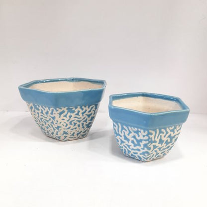 Blue Hexagon shaped Ceramic Pot Handmade Handpainted Ceramic Pot for Plants Without Plant for Indoor, Home, Garden Decor