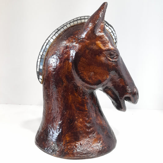 Paper Machie Horse Head Wood Mirror Work Wood Golden Bronze Texture