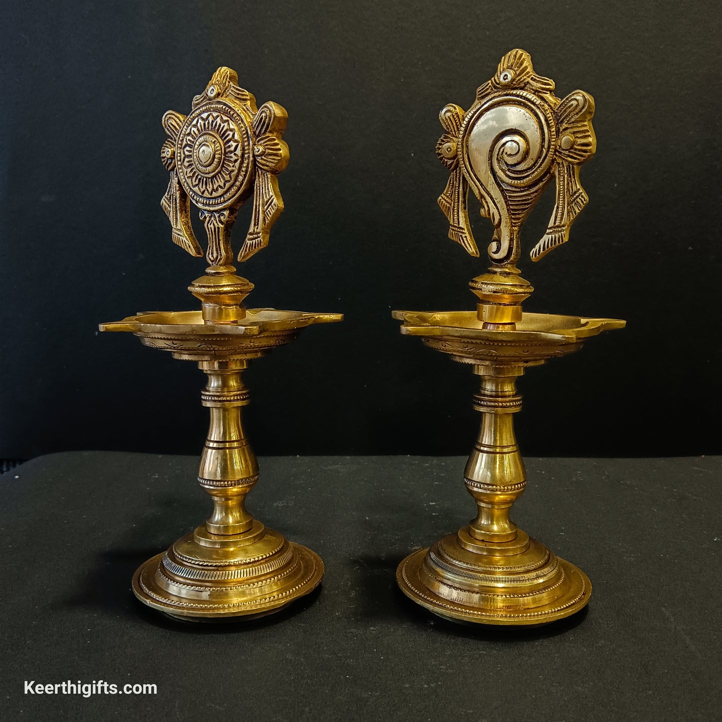 Shanku and chakra Diya stands 2 piece set brass antique