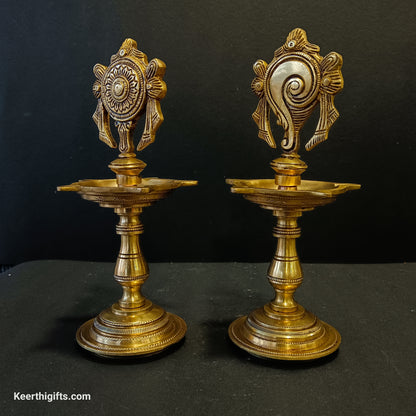 Shanku and chakra Diya stands 2 piece set brass antique