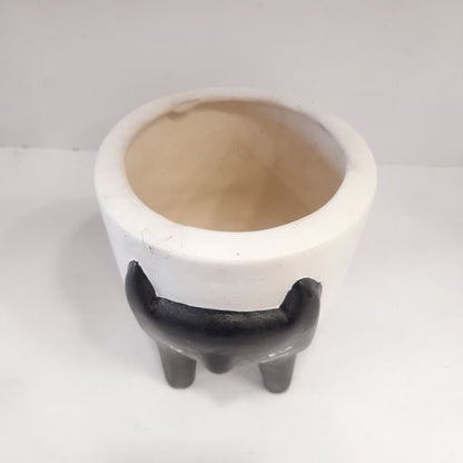 Kitten Cat Planter, Decorative Ceramic Flower Pot with Handle, Black and White, for Indoor and Outdoor