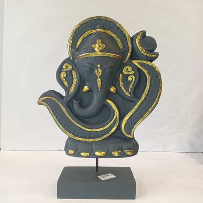 Paper Machie Ganesh Wood Om on Base Wood Black Gold Finish idol