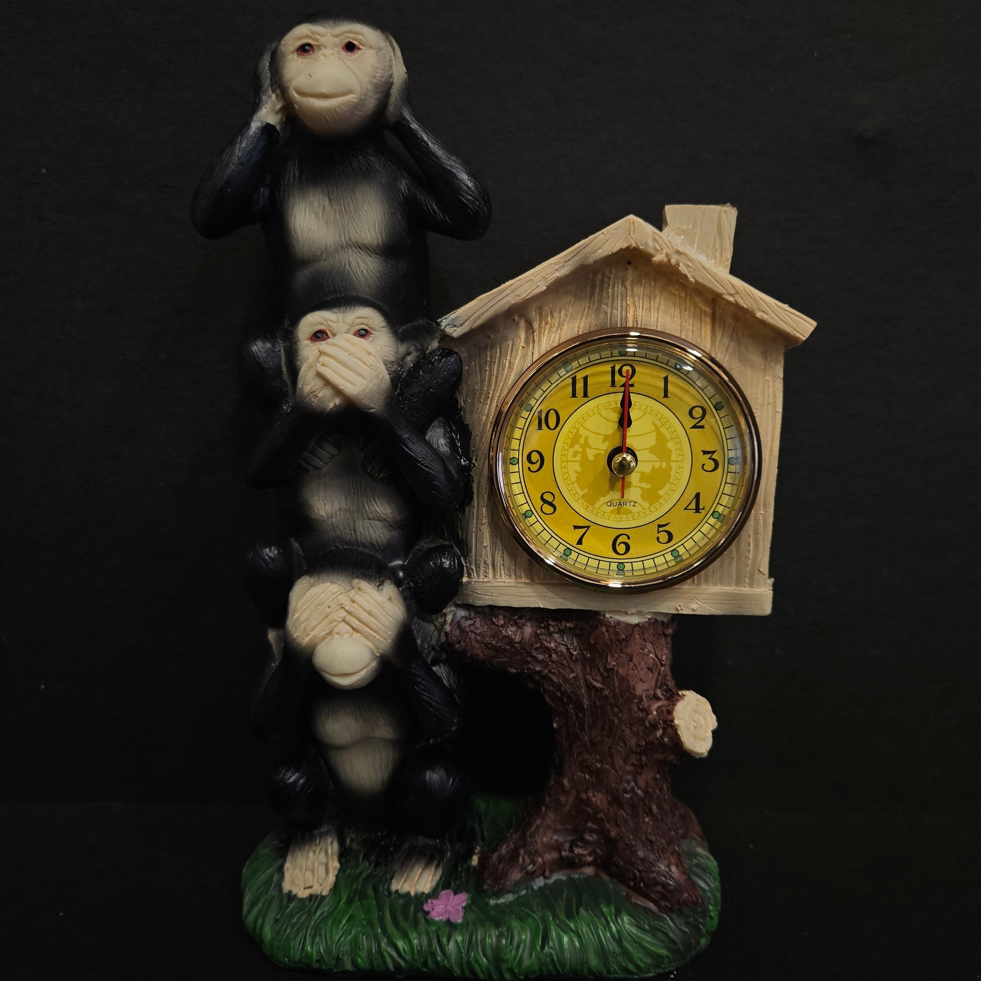 Three Wise Monkeys Statue with clock Desktop Showpiece Figurine for Home Decor Decoration and Gifting purpose