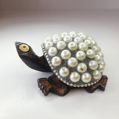 Wooden Turtle W/Pearl And Silver Paint