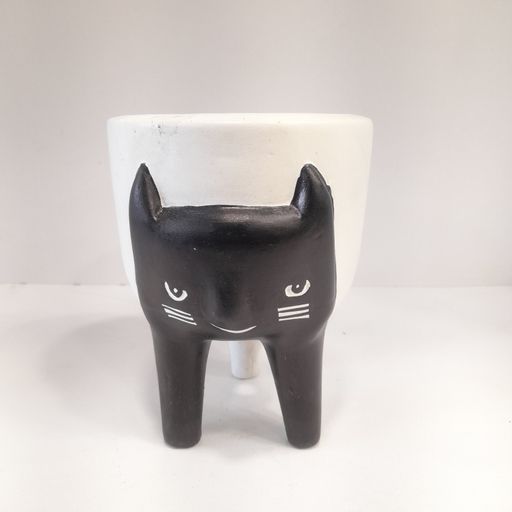 Kitten Cat Planter, Decorative Ceramic Flower Pot with Handle, Black and White, for Indoor and Outdoor