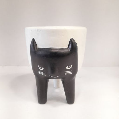 Kitten Cat Planter, Decorative Ceramic Flower Pot with Handle, Black and White, for Indoor and Outdoor
