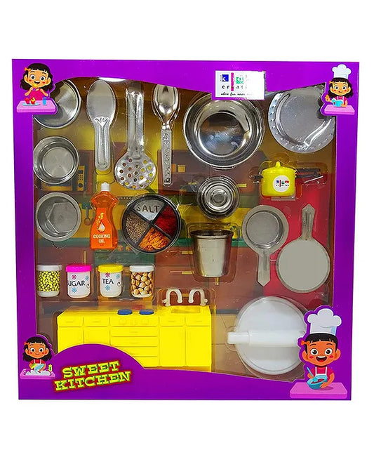 Steel Kitchen Set Toys for Kids Role Playing Kitchen Set of Stainless Steel with Wooden Chakla Belan Set Master Chef Role Playing Kitchen Set Master Chef for Kids