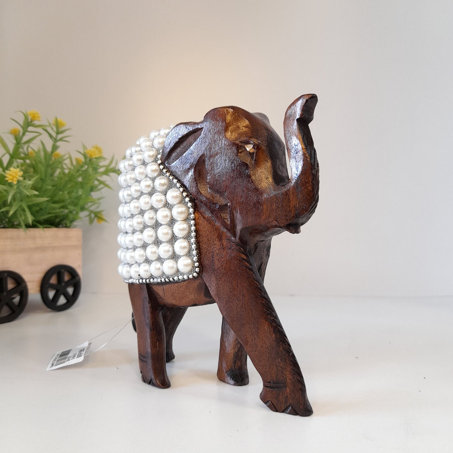Wooden Elephant W/Pearl And Silver Paint