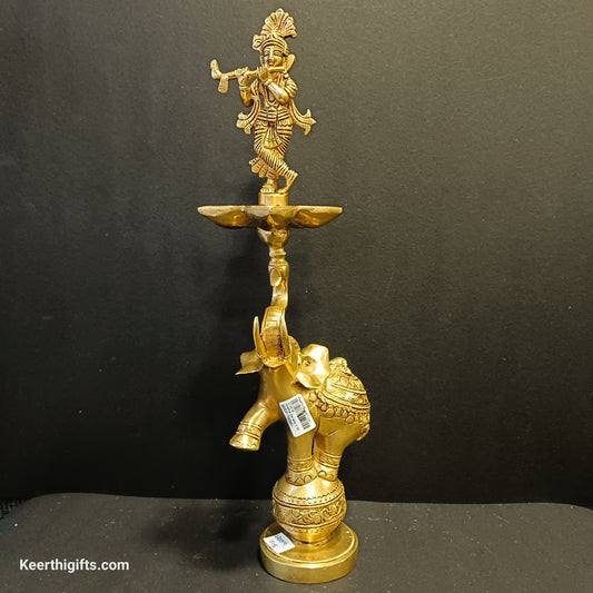 Kirshna and elephant beautiful brass antique Diya