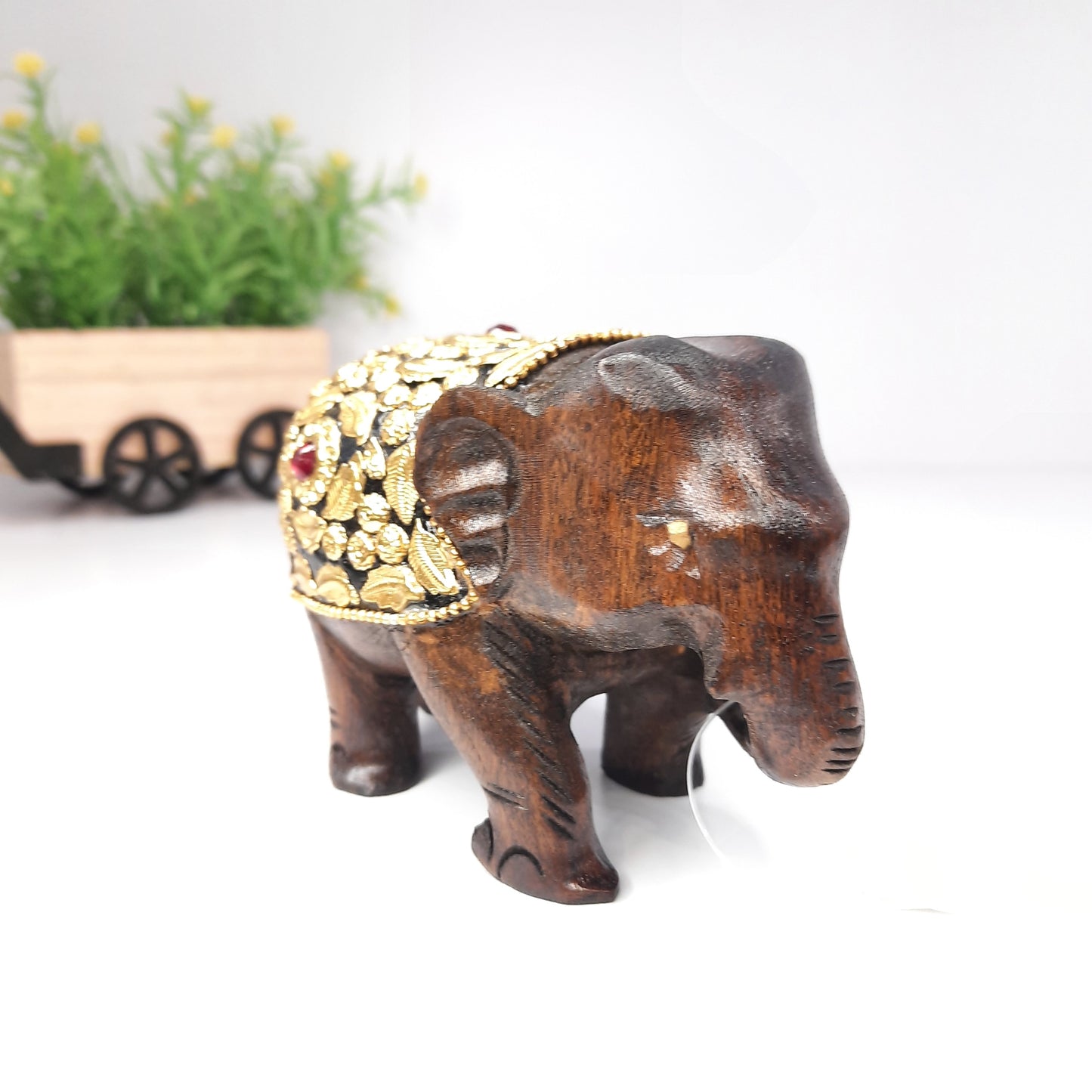 Wooden Elephant T.D Fat W/Brass Chitton Work Oxod