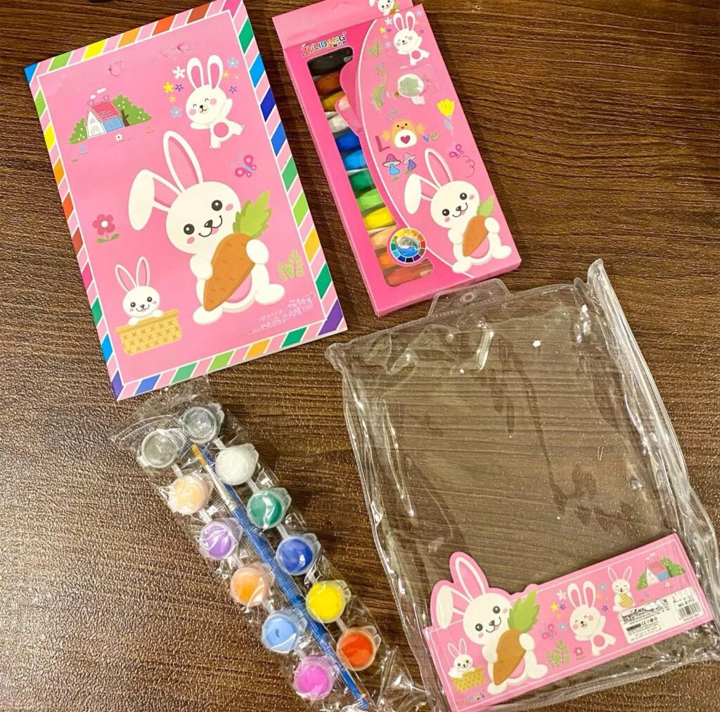 Cartoon characters Design Drawing Activity Set having water colours,2 painting brushes and Crayon box kit set for kids