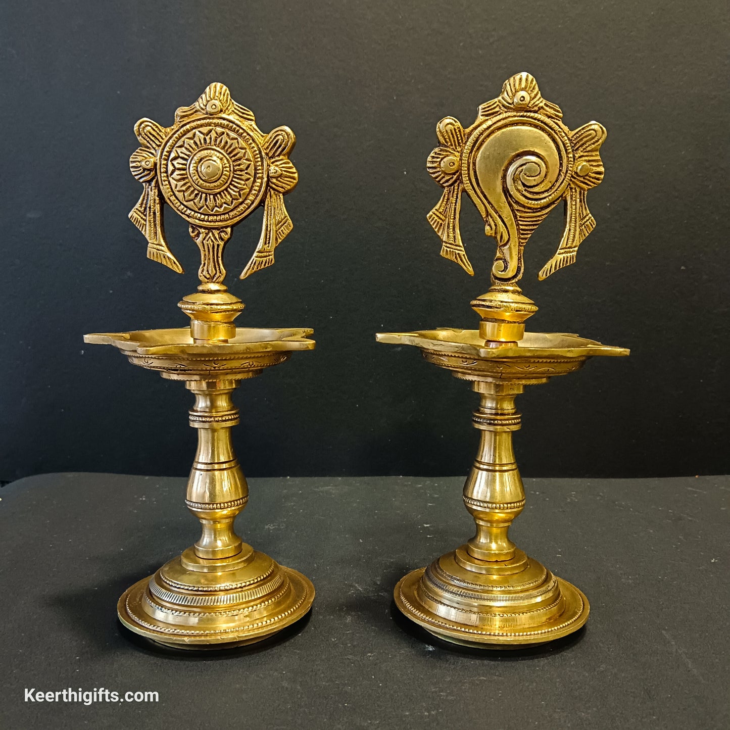 Shanku and chakra Diya stands 2 piece set brass antique