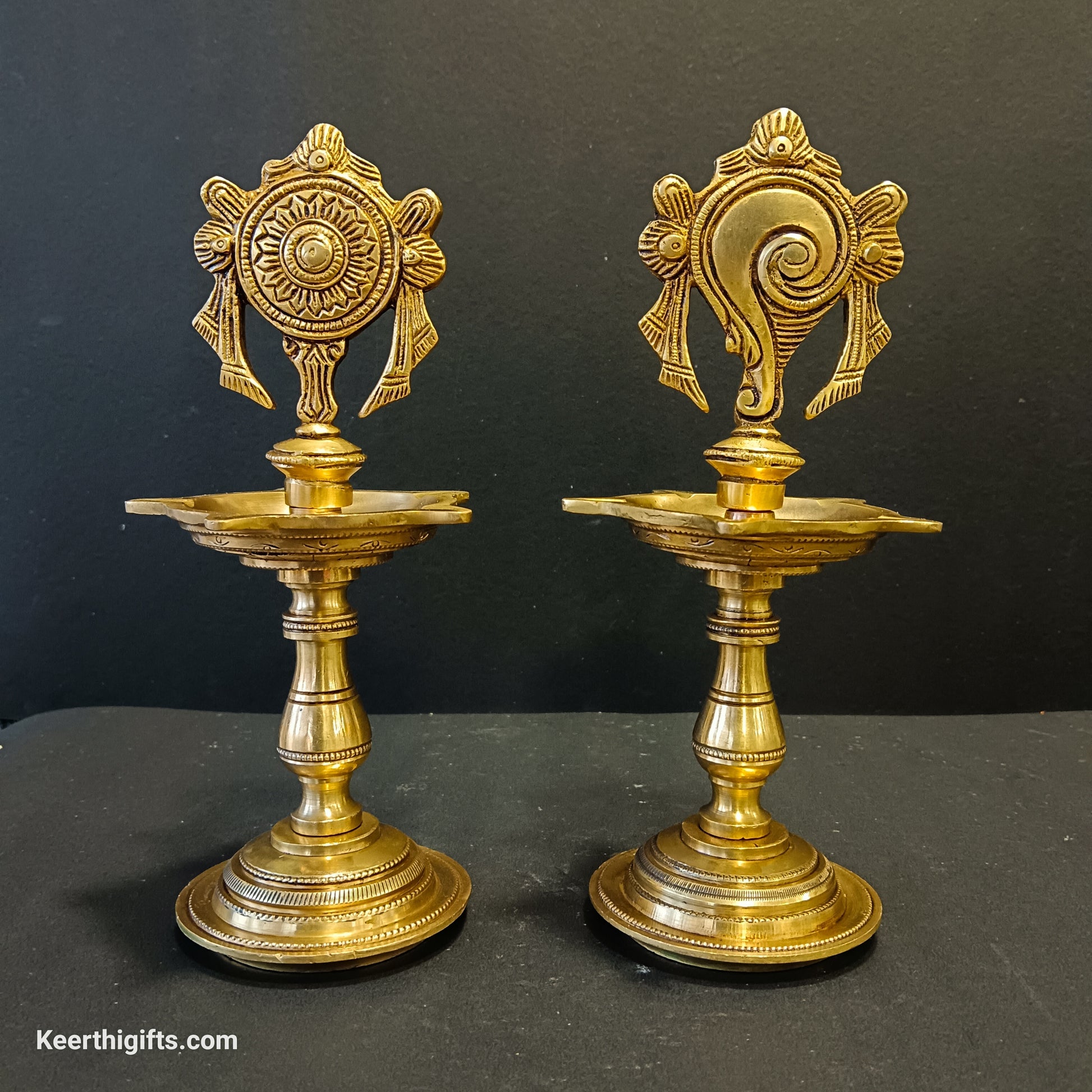 Shanku and chakra Diya stands 2 piece set brass antique