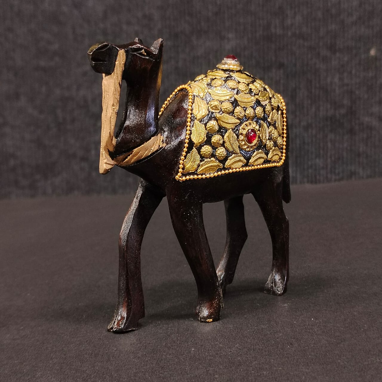 Wooden Camel W/Golden Chitton Work Oxod