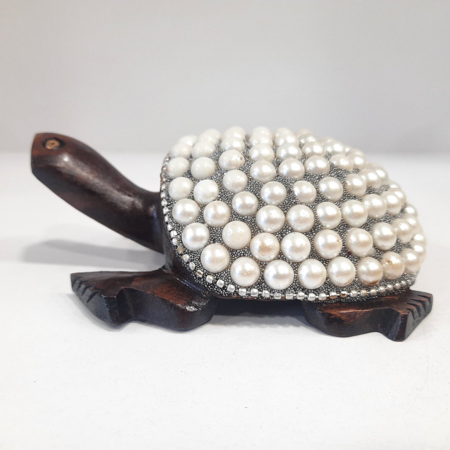 Wooden Turtle W/Pearl And Silver Paint