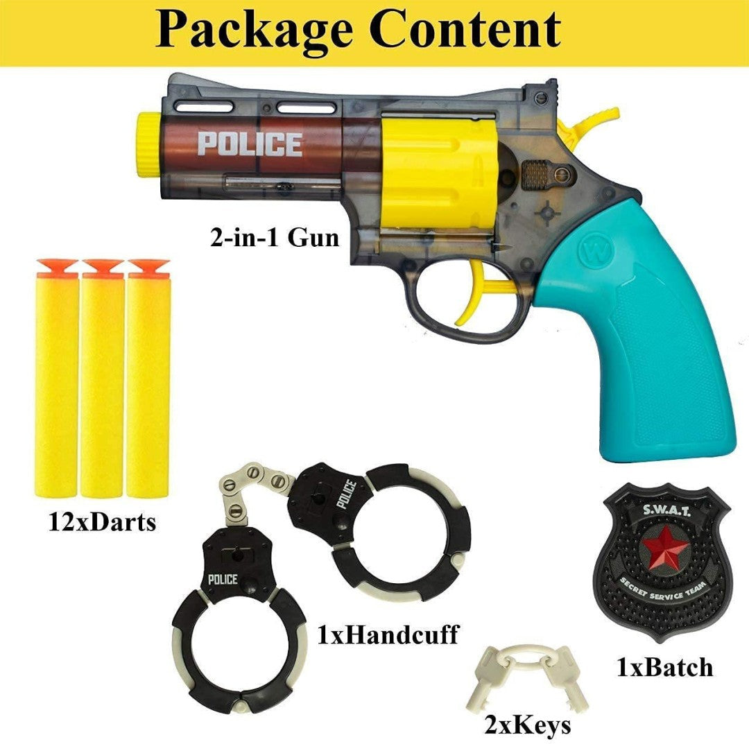 Child Police Role play toy Game set. 2 in 1 soft Foam Dart and water toy gun, with Handcuffs, police Badge for kids 3y above