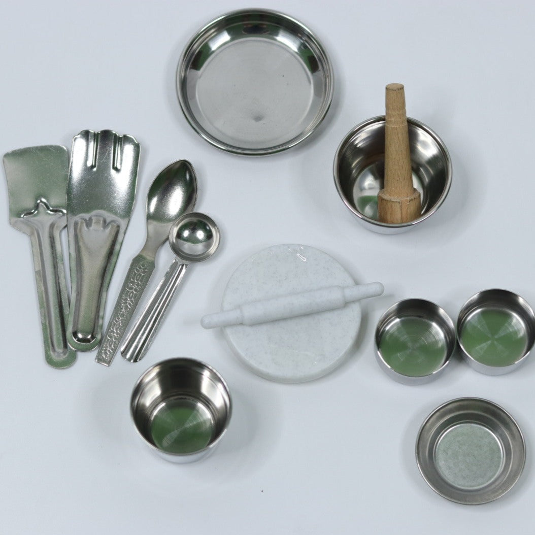 Nano Pure Veg Kitchenware Pieces Cute Mini Toy Kitchen Set with Unbreakable Stand Made Out of Safe and Non Toxic Plastic Along with Pure Stainless Steel Cooking Accessories for Girls 3 Years