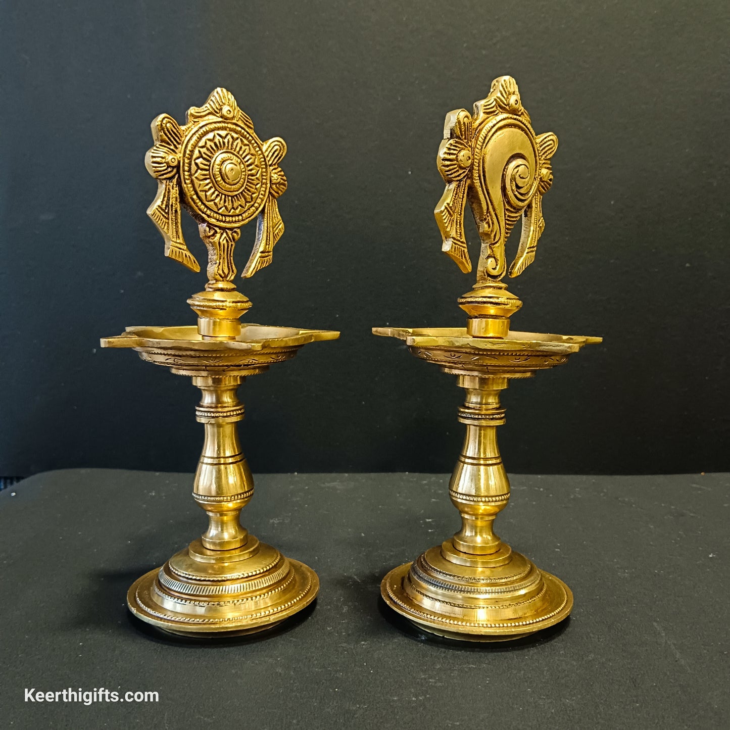 Shanku and chakra Diya stands 2 piece set brass antique
