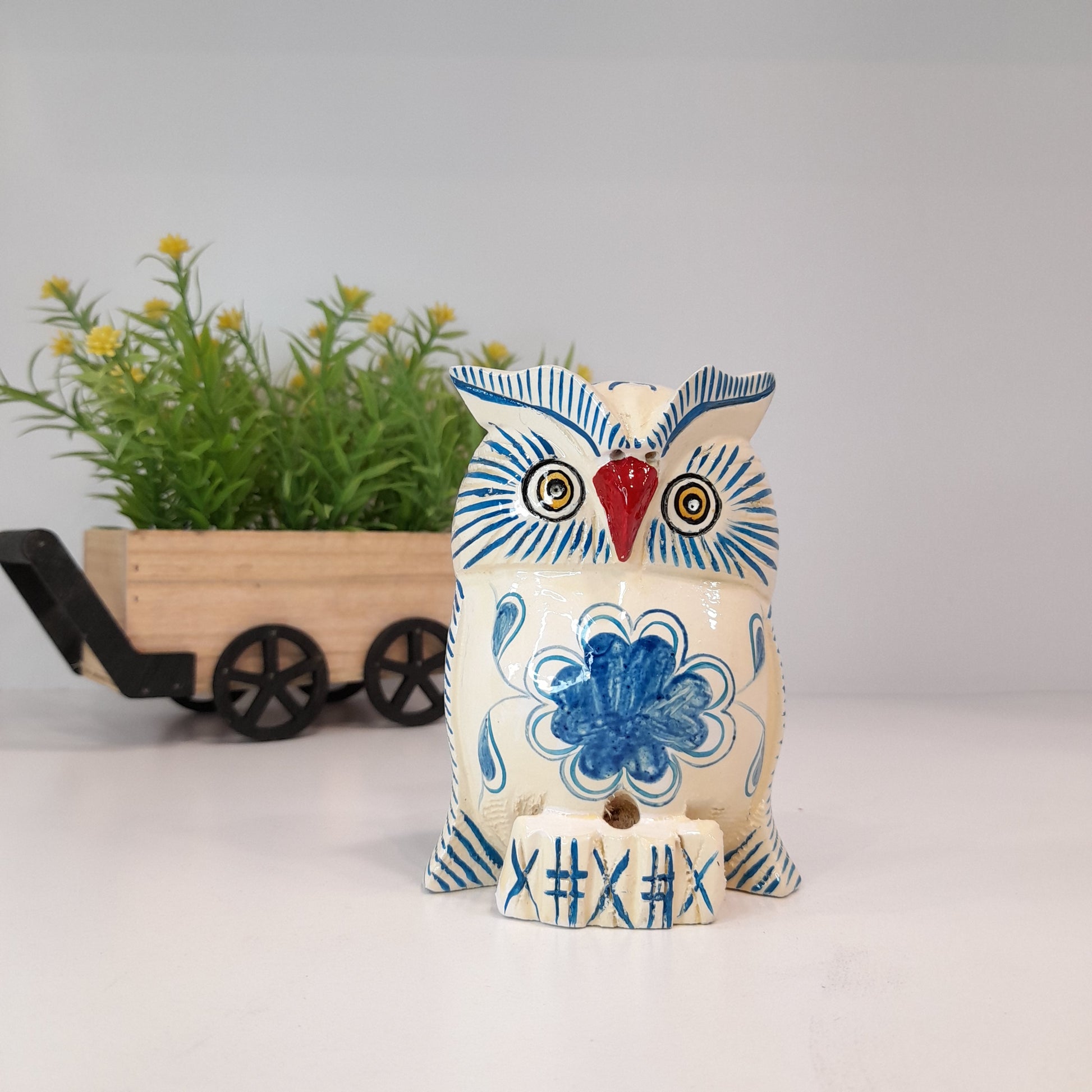 Wooden Owl F. Pose W/Blue Flower Paint