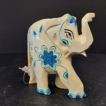 Wooden Elephant W/Blue Flower Paint