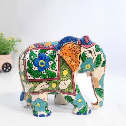 Wooden Elephant Fat T/D W/Blue & White Paint