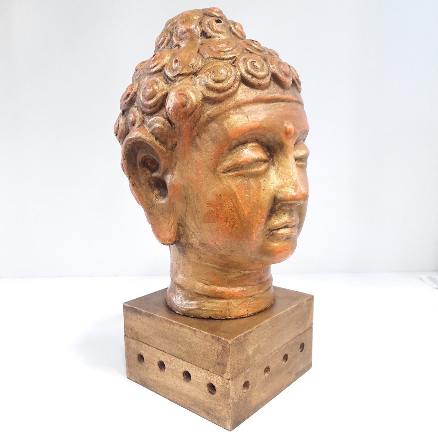 Paper Machie Gautham Buddha Head Wood Orange Golden Finish