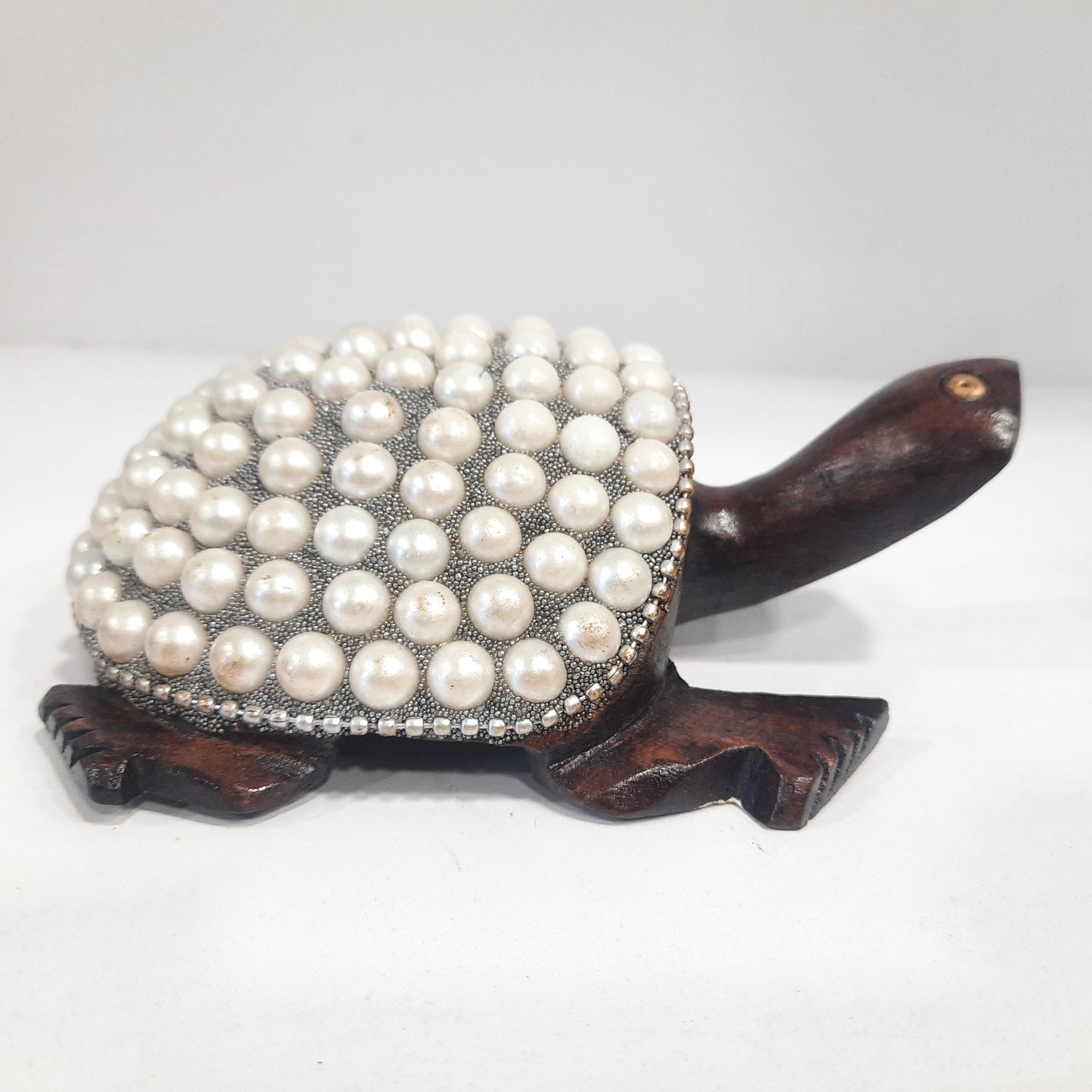 Wooden Turtle W/Pearl And Silver Paint