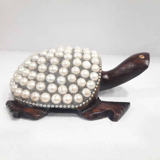 Wooden Turtle W/Pearl And Silver Paint