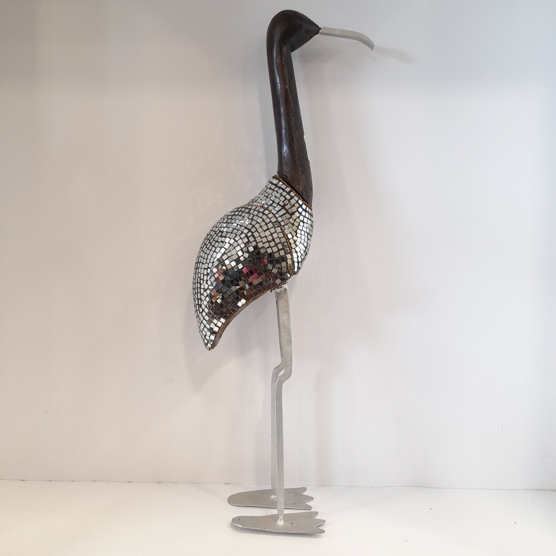 Metal & Wood Crane W/Glass Work Oxod