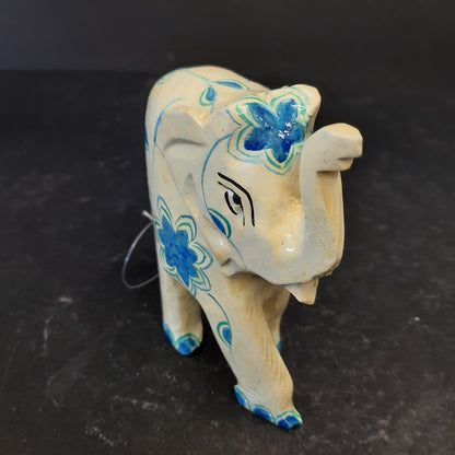 Wooden Elephant W/Blue Flower Paint