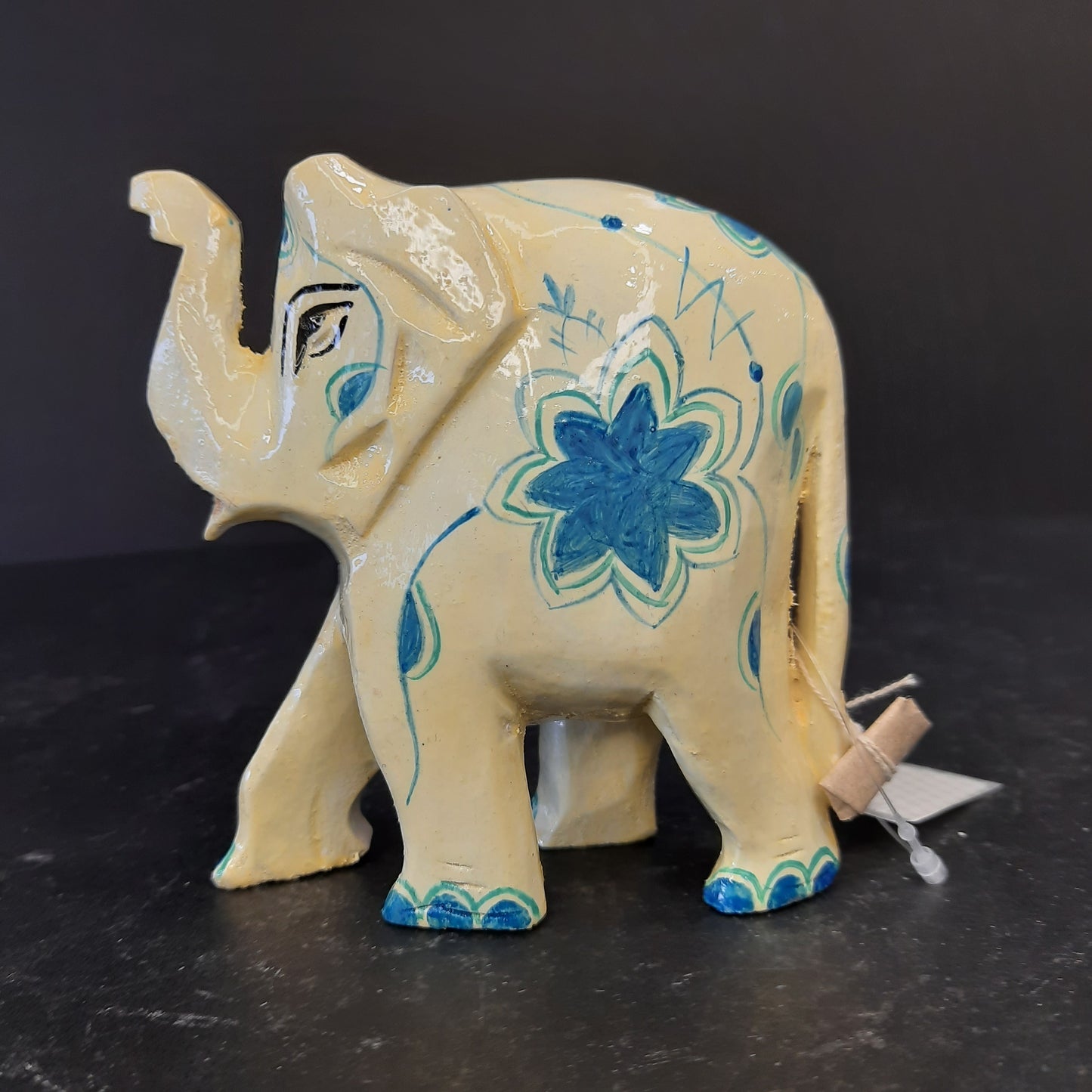 Wooden Elephant W/Blue Flower Paint