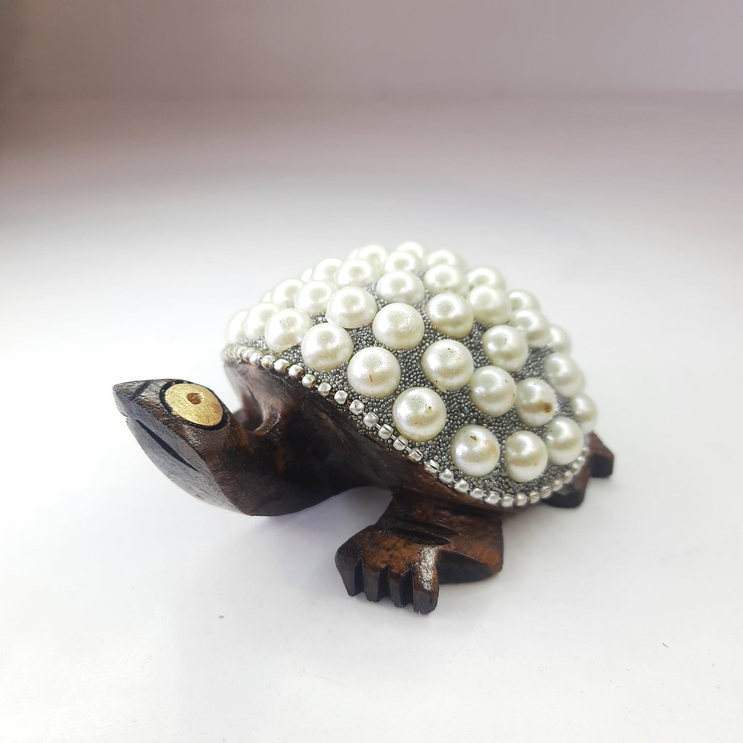 Wooden Turtle W/Pearl And Silver Paint