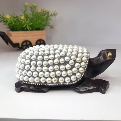 Wooden Turtle W/Pearl And Silver Paint