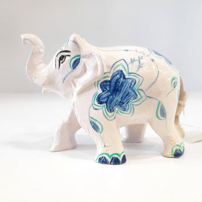 Wooden Elephant W/Blue Flower Paint