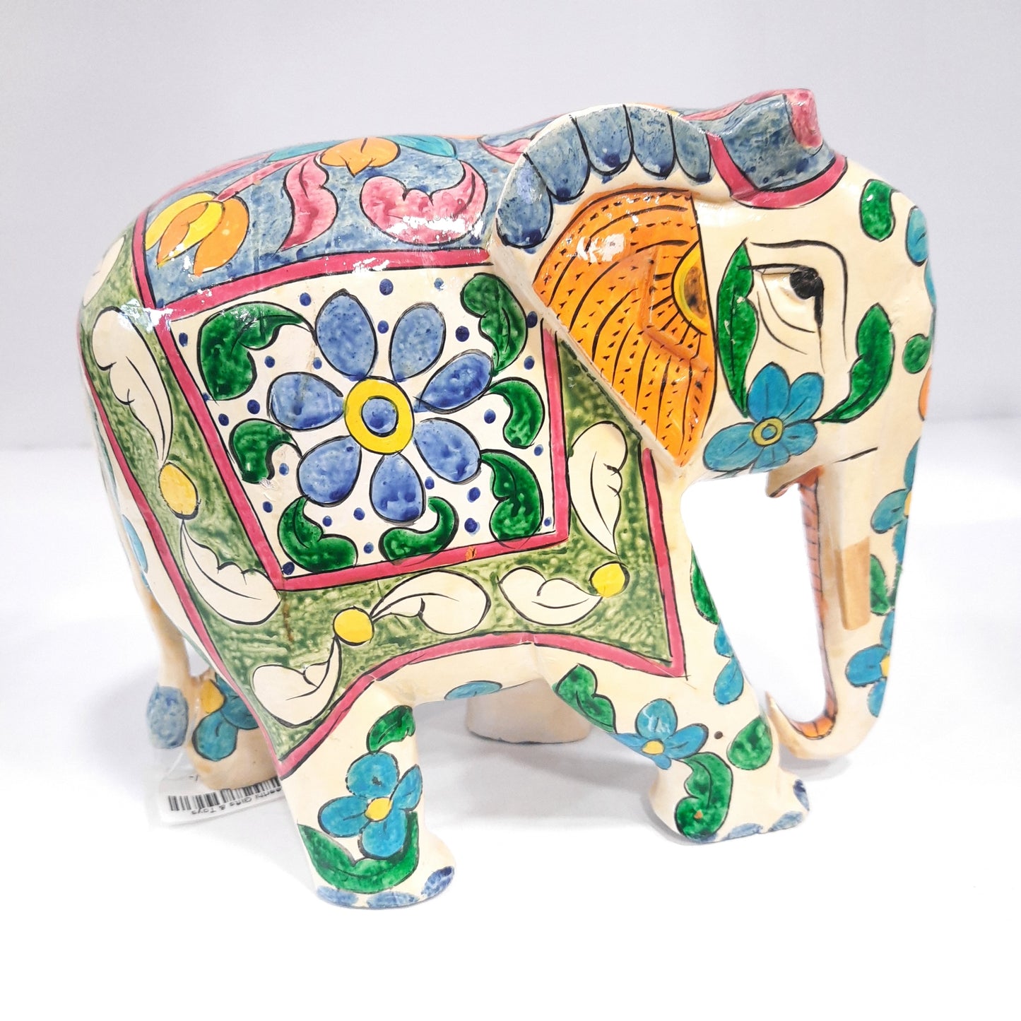 Wooden Elephant Fat T/D W/Blue & White Paint