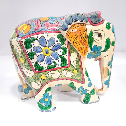 Wooden Elephant Fat T/D W/Blue & White Paint
