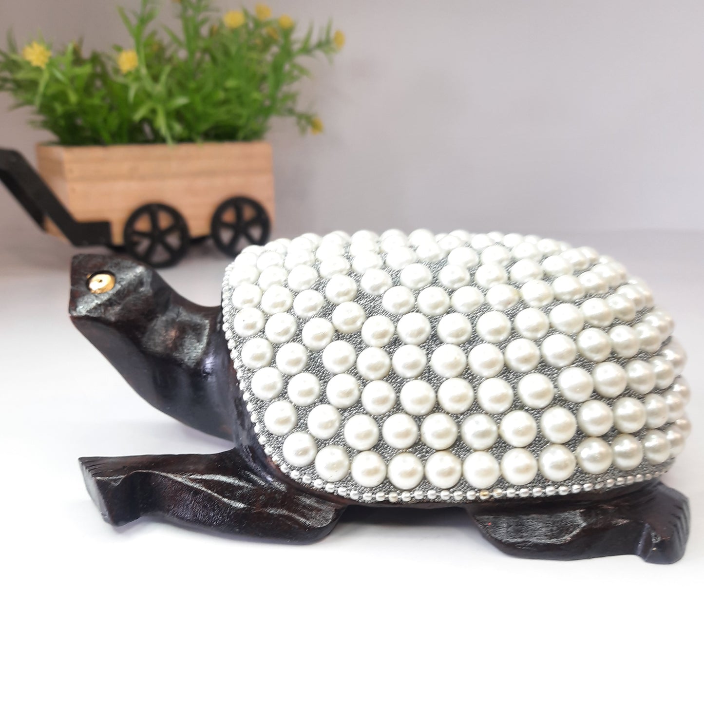 Wooden Turtle W/Pearl And Silver Paint