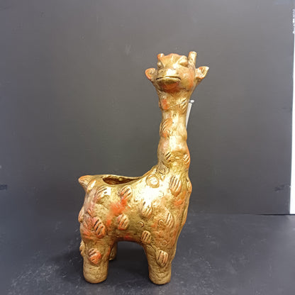 Paper Machie Giraffe Flower Pot Wood Orange Gold Finish
