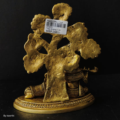Metal Krishna with Cow Sitting Showpiece Under Tree Plying Flute Decorative Showpiece for for Office,Temple Diwali Janmashtami Puja and Home Kamdhenu Idol