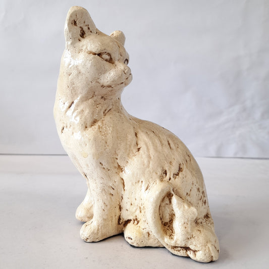 Paper Machie Cat Sitting Stand Pose Wood White Old Finish