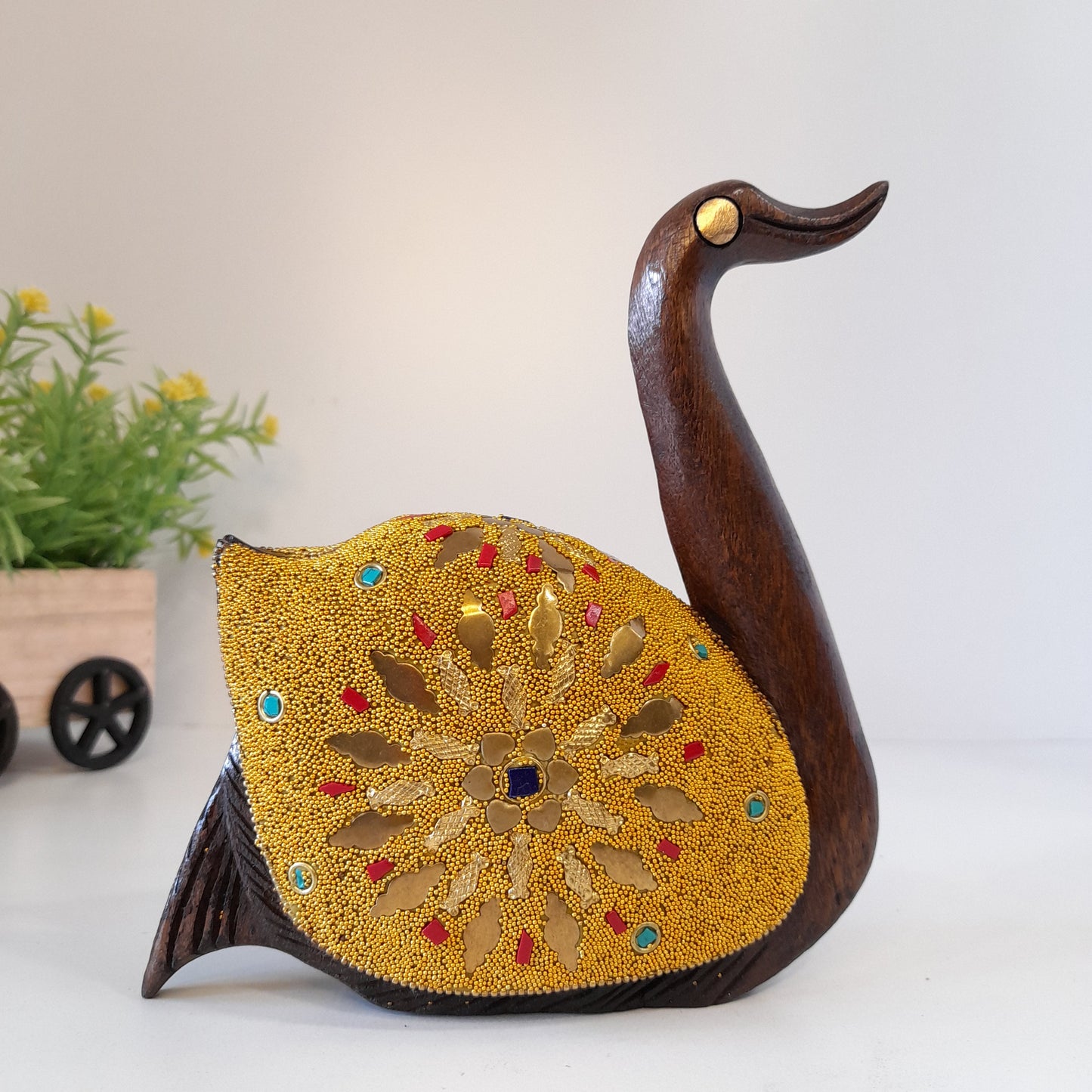 Wooden Duck Golden Microbead and Brass Chip Texured