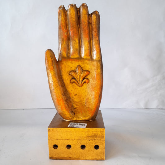 Paper Machie Gautham Buddha Hand Blessing Wood Orange Green Finish Incense and Cone Burner