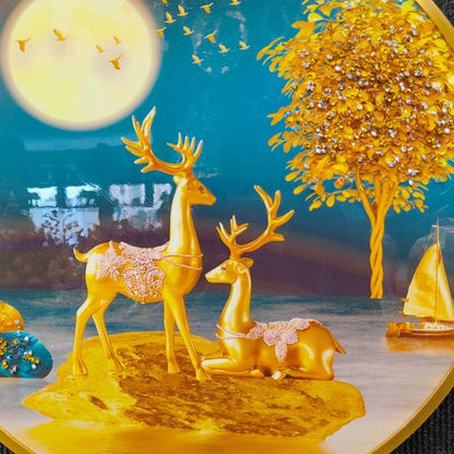 Luxury Deer Decorative Wall Frame With 3D Crystal Painting Golden Edge Frame