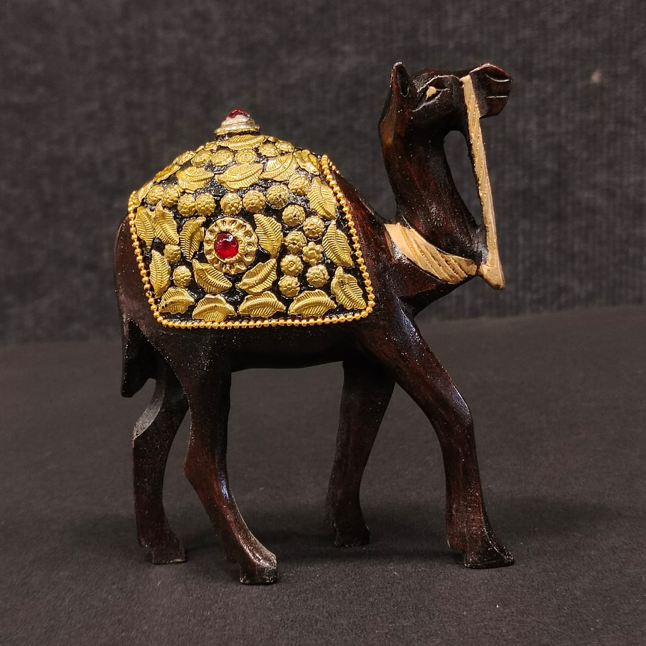 Wooden Camel W/Golden Chitton Work Oxod
