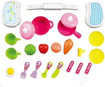 Kitchen on Wheels Plastic Cooking Pretend Play Kitchen Toy Set for Boys and Girls Suitcase Bag with Wheels, Food Party Role Play for Kids